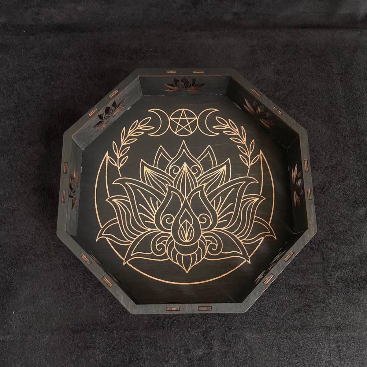 Personalized Lotus Altar Tray, 11 Inch Wenge Tarot & Crystal Display