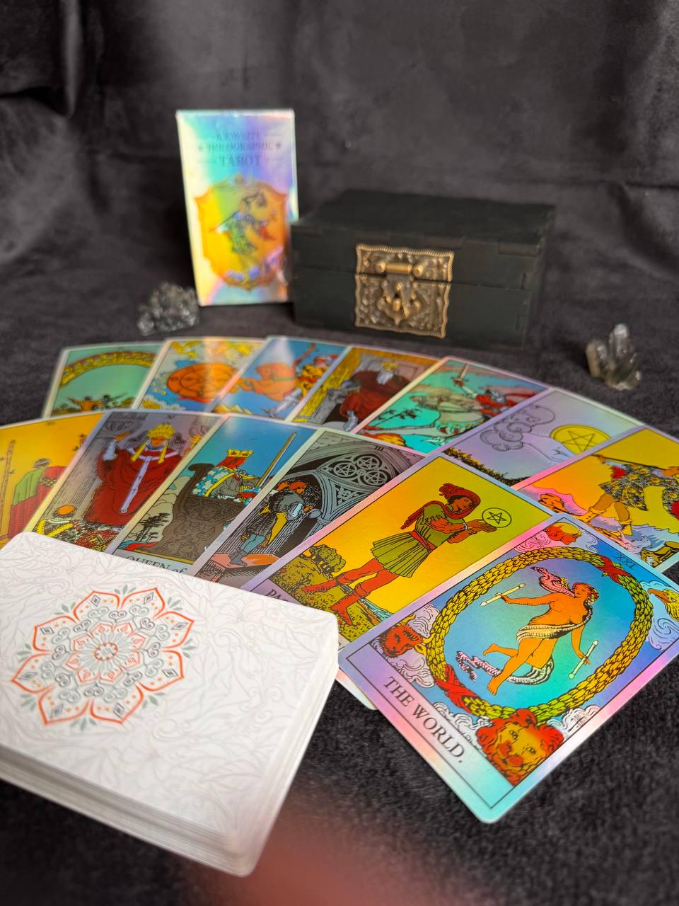 Holographic Rider Waite Tarot Deck Set, Personalized Box