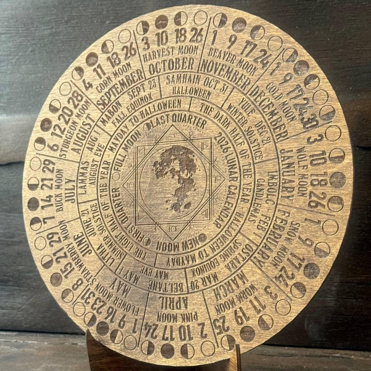 2026 Lunar Calendar Wood Moon Phase Wheel, Witch Altar Decor with Stand, Pagan Astrology Gift
