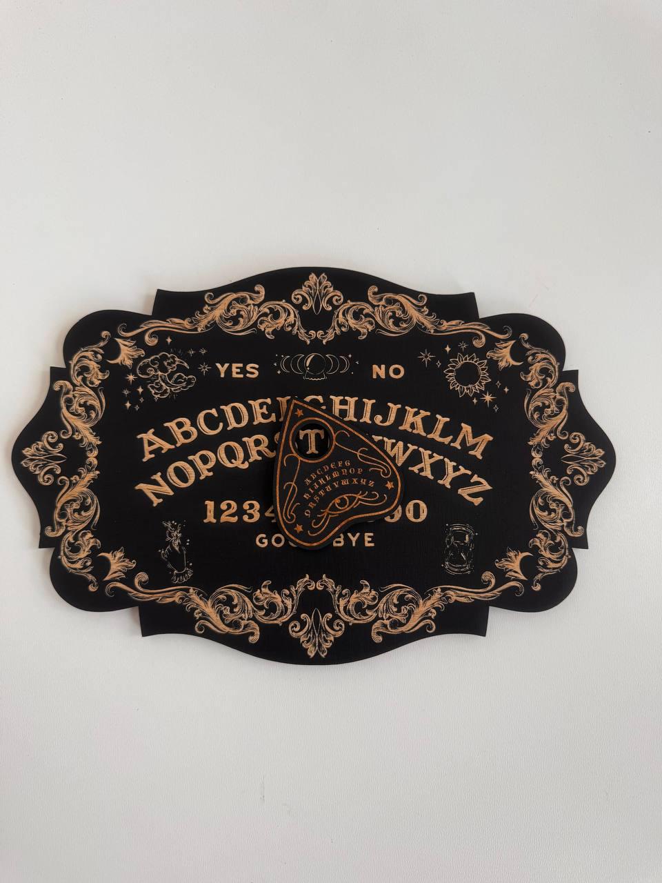 Ouija board, black wood, spirit board with planchette, gothic divination decor