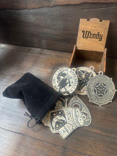 Personalized Wicca Ornament Gift Box, 7 Wooden Sabbat Charms in 4 Colors