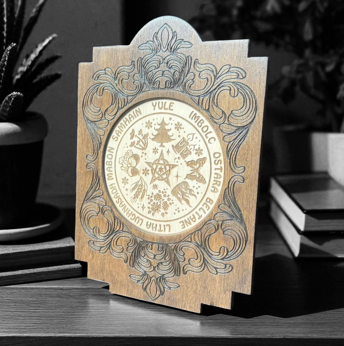 Wooden Wheel of the Year Altar Calendar with Stand, Engraved Wiccan Sabbat Decor
