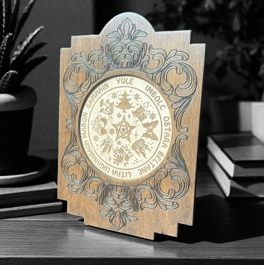 Wooden Wheel of the Year Altar Calendar with Stand, Engraved Wiccan Sabbat Decor