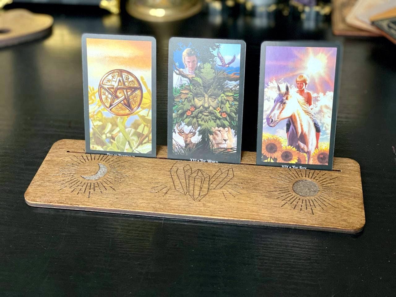 Moon and Sun Tarot Card Holder, Wooden Fortune Telling Stand