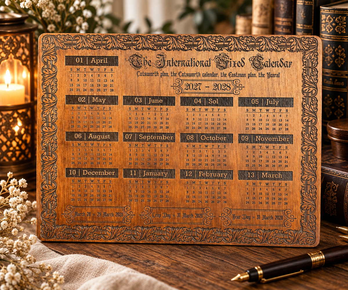 2027–2028 13 Month Calendar, International Fixed Calendar, Wooden Wall Decor