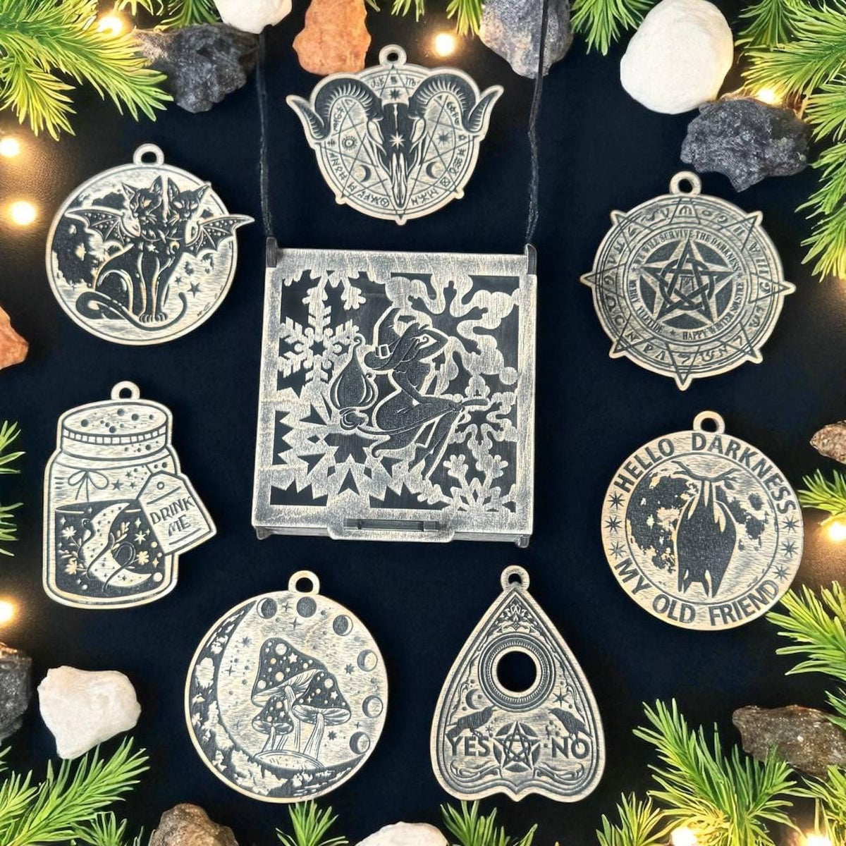 Seven Witch Ornaments in Dark Oak Gift Box for Wicca Sabbat Decor