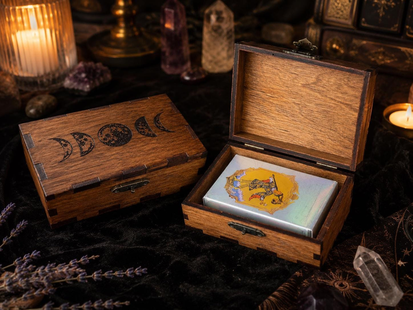 Moon Phase Tarot Box - Wooden Rosewood Deck Storage Chest for Witchcraft Supplies