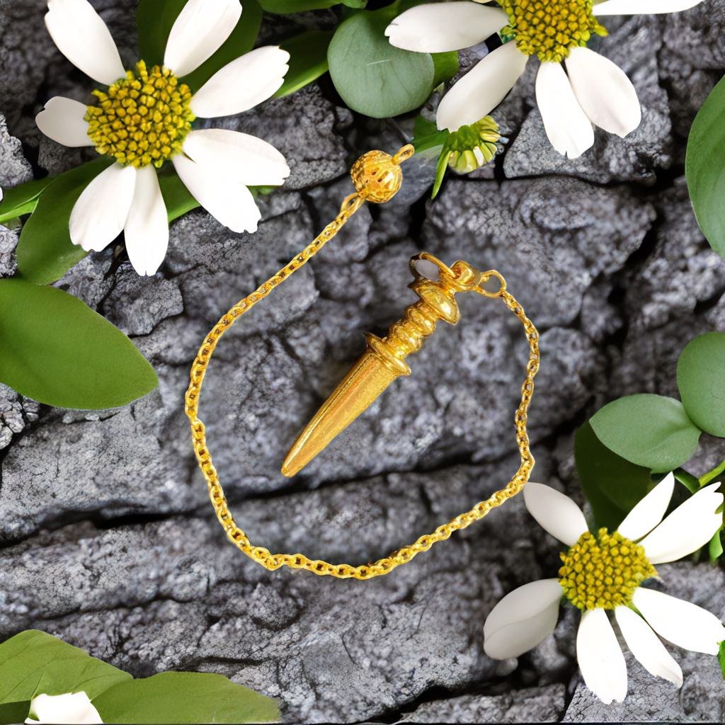 a gold pendulum with a chain, surrounded by white flowers and green leaves on a gray rock surface.