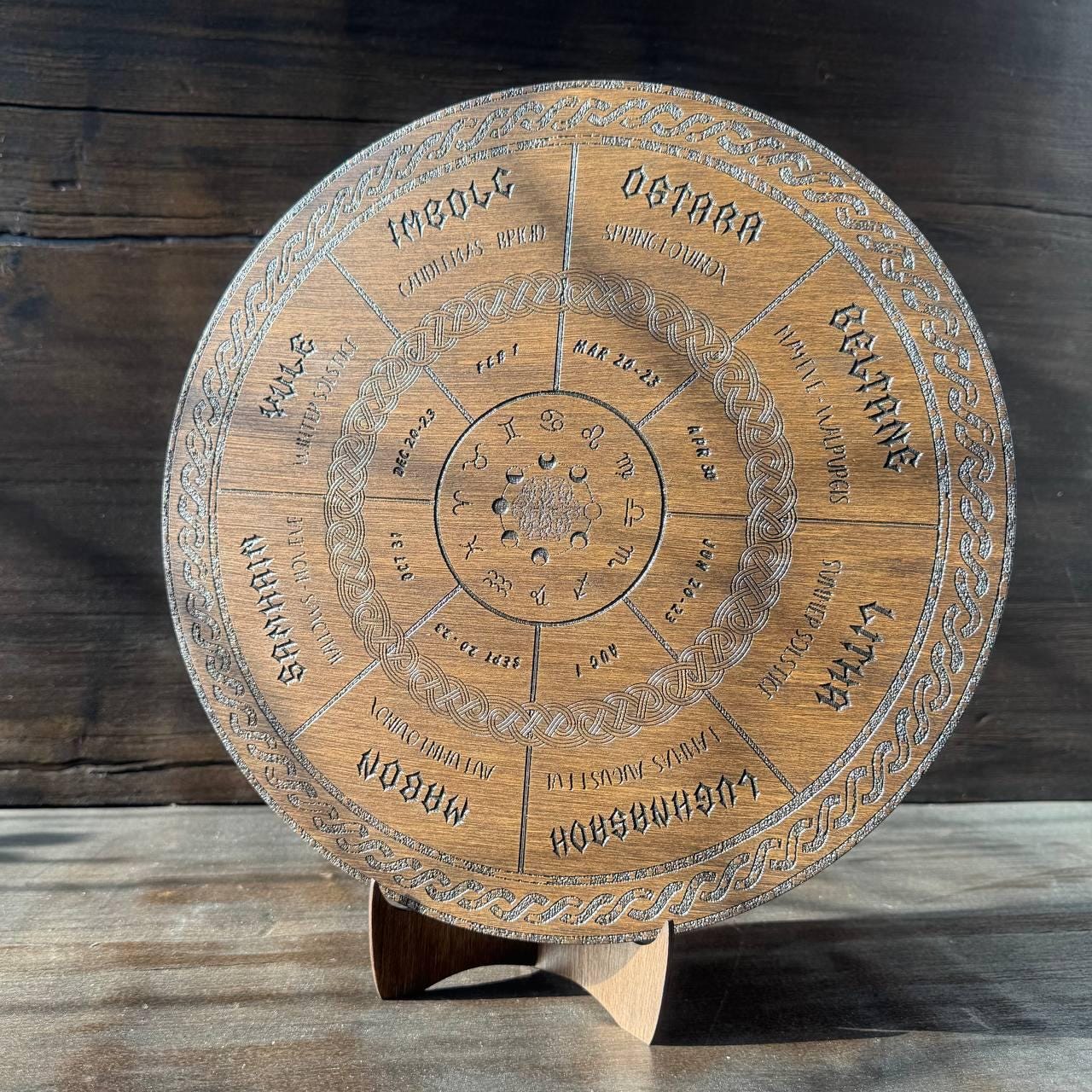 Wooden Wheel of Life Calendar, Celtic Tree Zodiac Engraved Disc, Wiccan Altar Decor