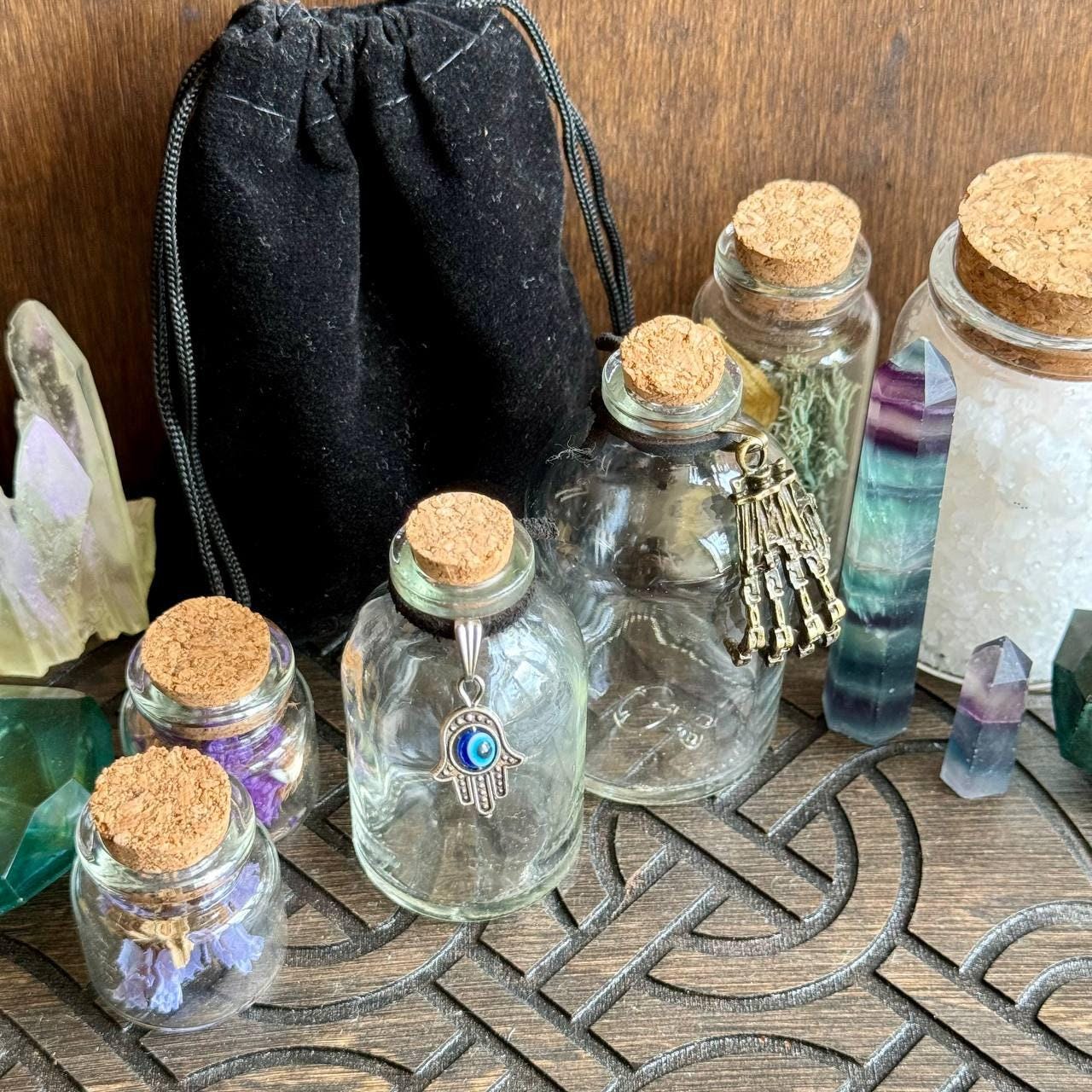 Personalized 60 ml Potion Bottle with Silver Skeleton Hand, Gothic Witch Decor