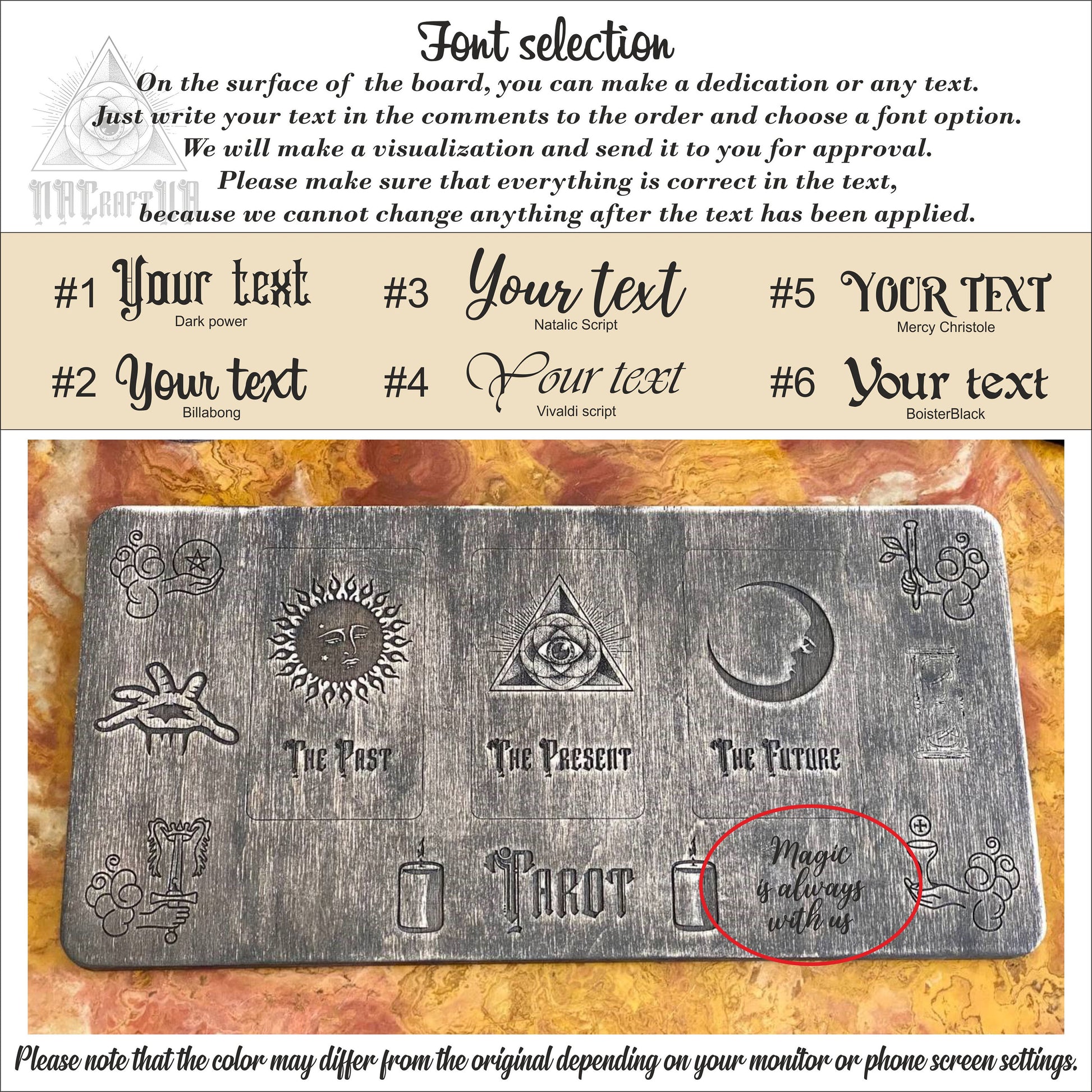 The image is a close-up of a metal surface with various symbols and text engraved on it. The text appears to be a font selection guide, instructing the user to write their text in the comments and choose a font option. The color of the text may vary depending on the monitor or phone screen settings.