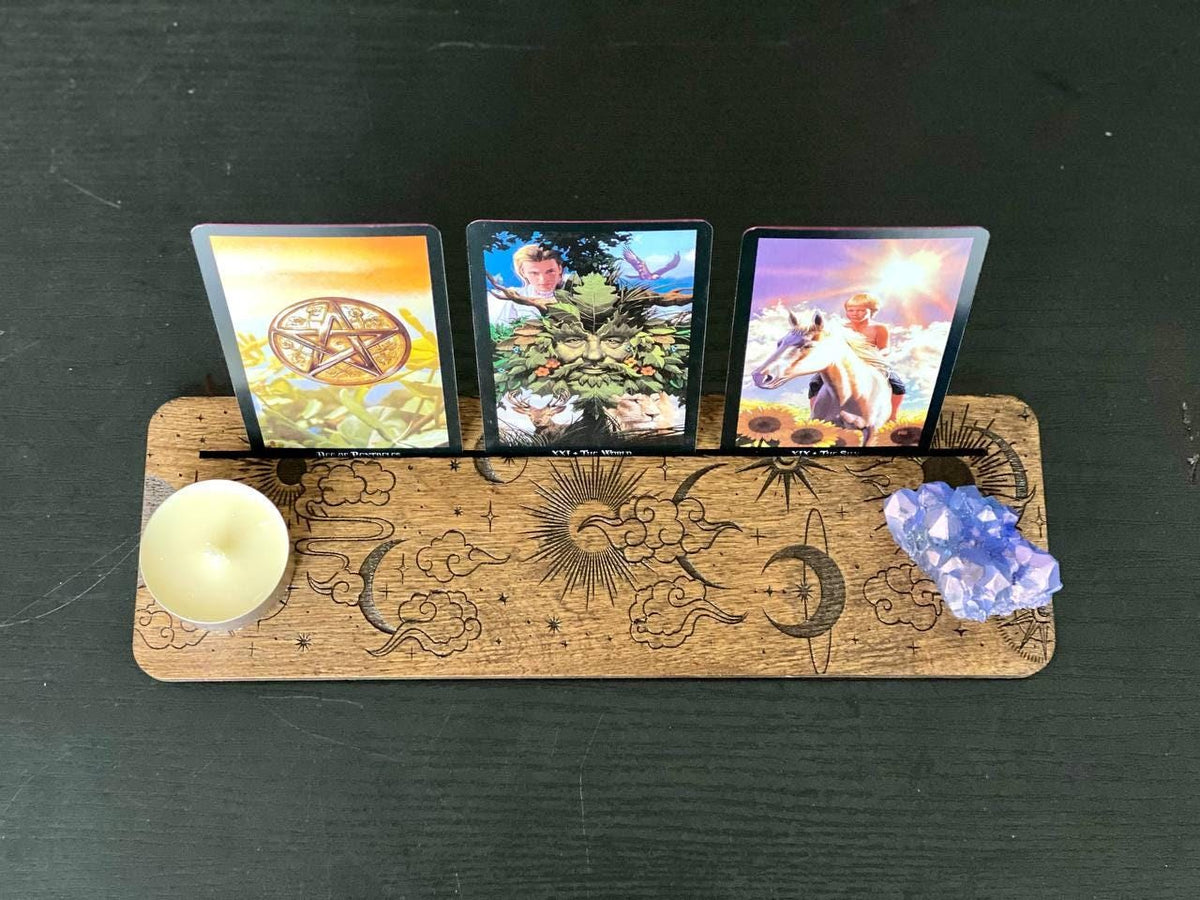 Moon and Sun Tarot Card Stand, Engraved Wooden Reading Holder