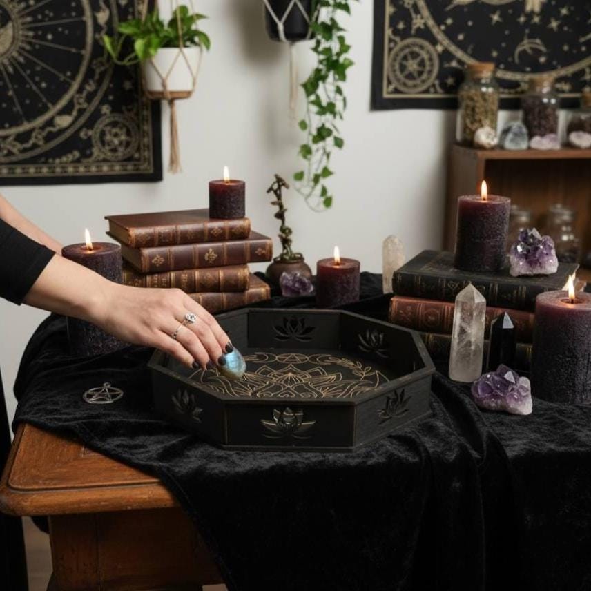Personalized Lotus Altar Tray, 11 Inch Wenge Tarot & Crystal Display