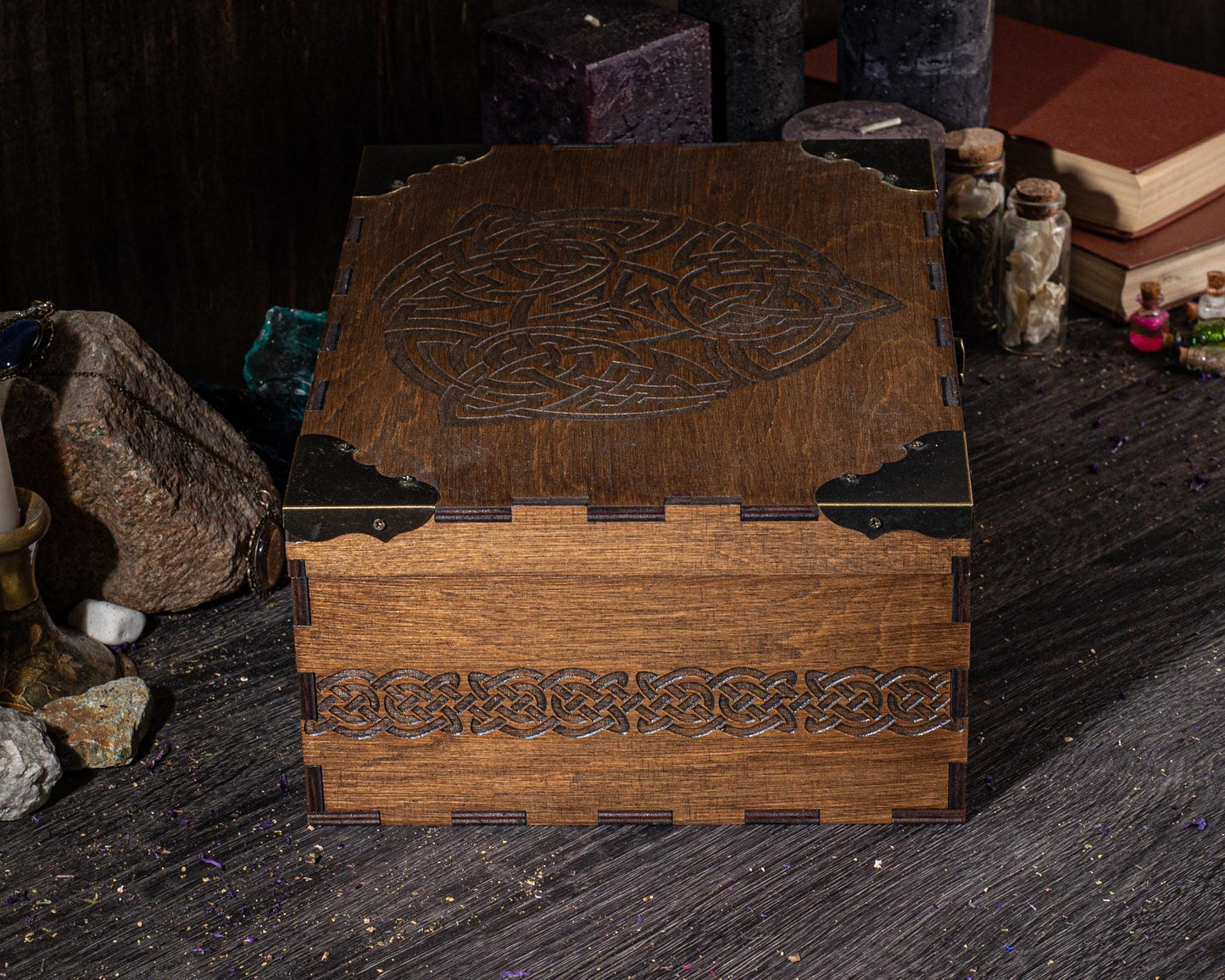 Wooden Storage Box | Viking Keepsake Chest with Celtic Symbol - Rustic Pagan Decor