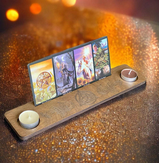 Engraved Wooden Tarot Card Holder with Candle Stand, Personalized Altar Display