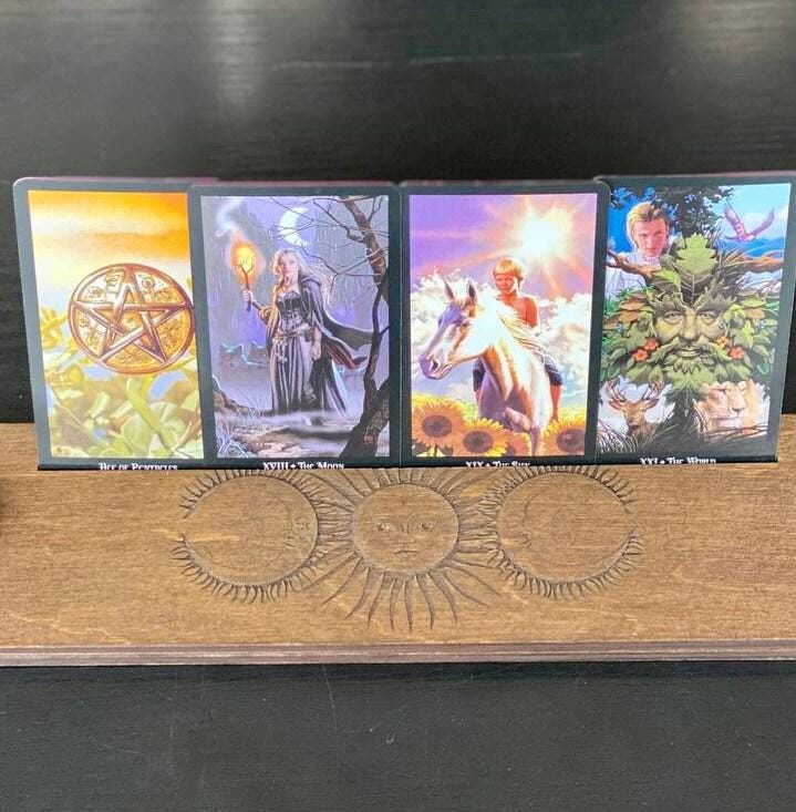 Sun and Moon Tarot Card Holder, Engraved Wooden Altar Stand