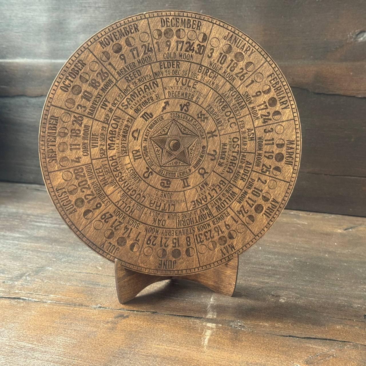 2026 Lunar Calendar with Pentagram – Wiccan Moon Phase Wheel on Walnut Wood with Stand