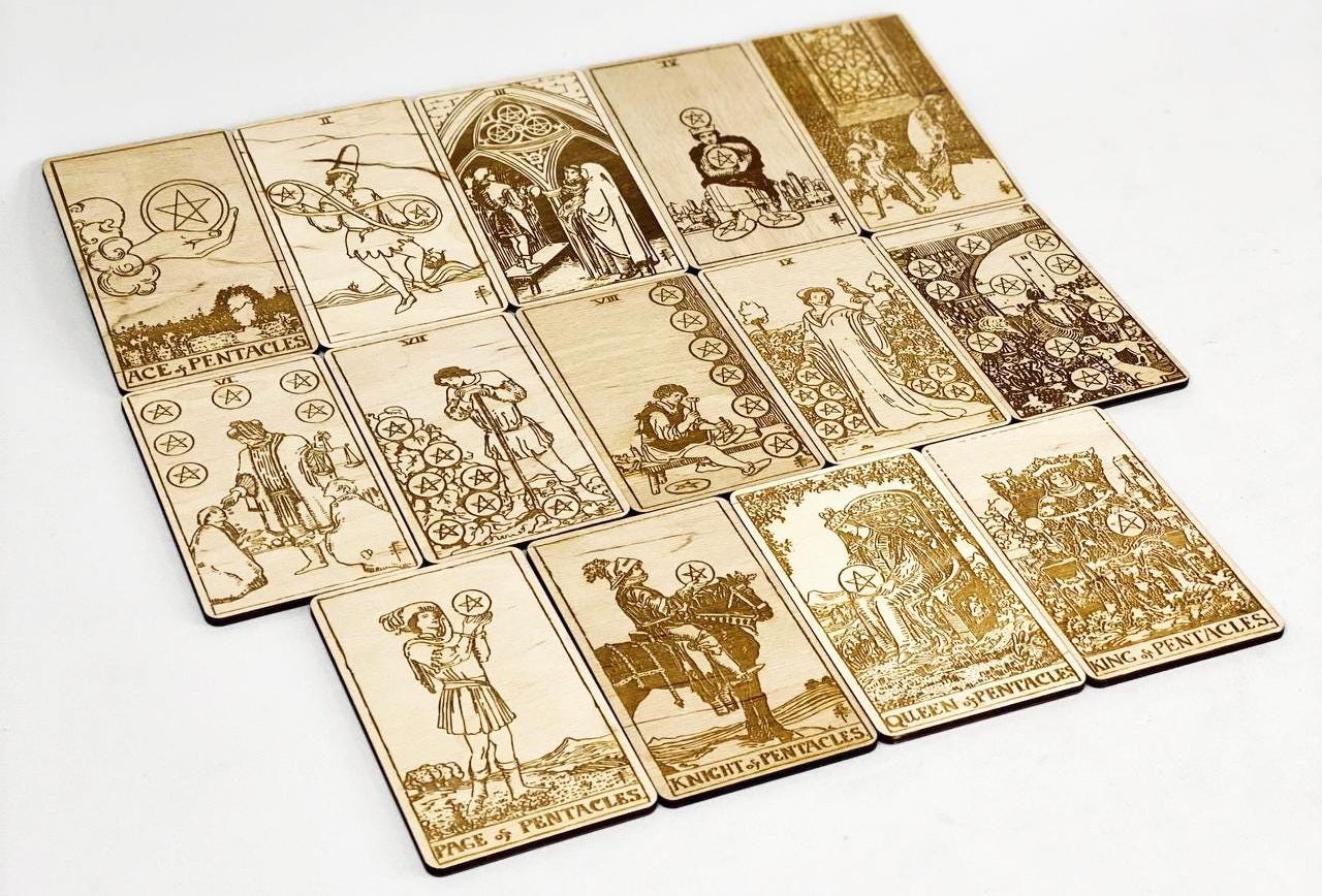Wooden Tarot Cards Pentacles Suit Rider–Waite–Smith Engraved Deck Earth Element