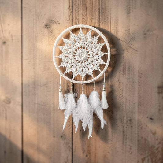 White Crochet Dream Catcher – Boho Bedroom & Nursery Decor