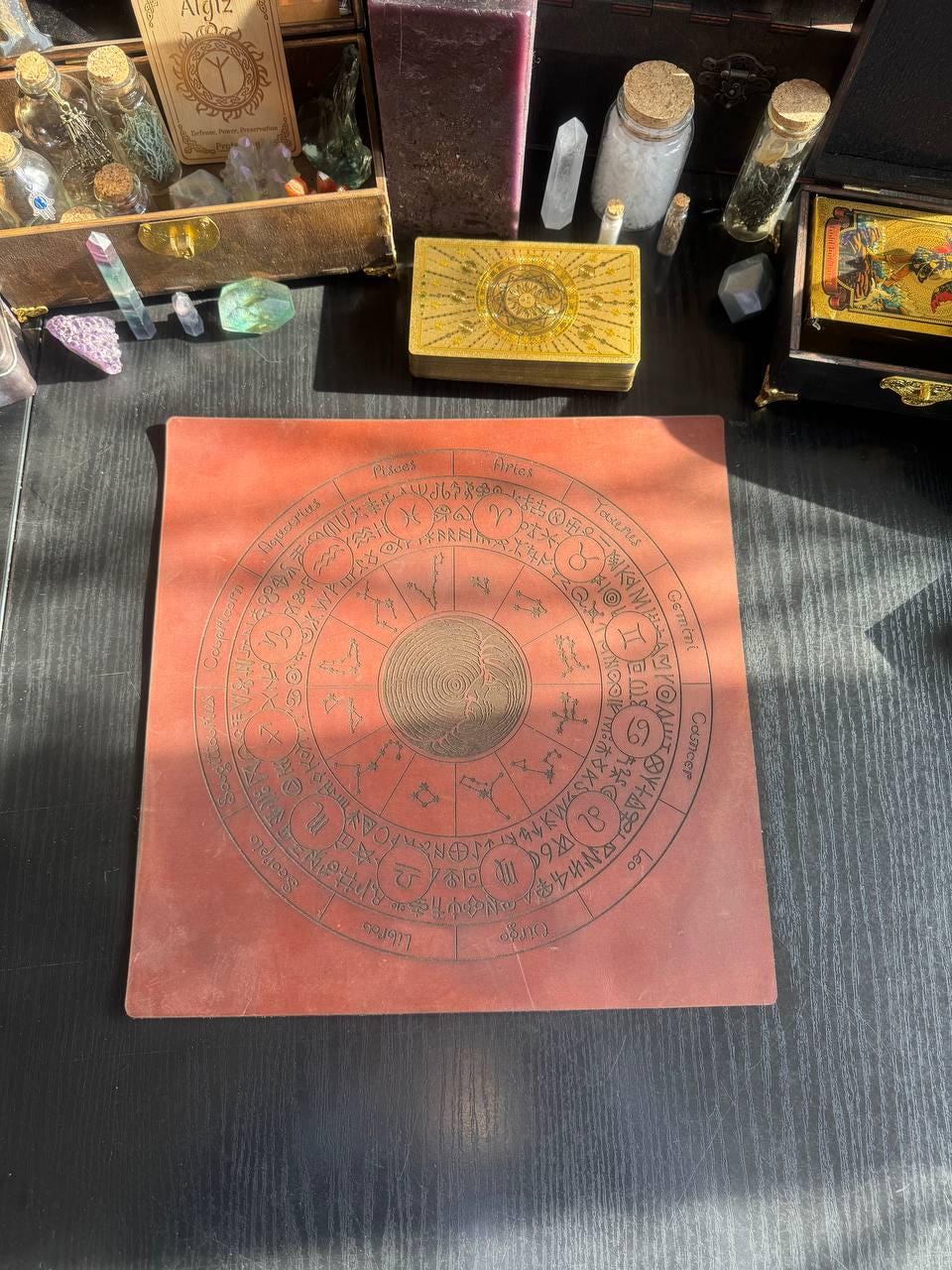 Engraved Leather Rune Mat with Zodiac Circle