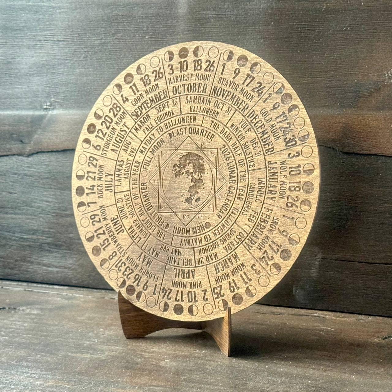 2026 Lunar Calendar Wood Moon Phase Wheel, Witch Altar Decor with Stand, Pagan Astrology Gift