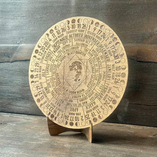 2026 Lunar Calendar Wood Moon Phase Wheel, Witch Altar Decor with Stand, Pagan Astrology Gift