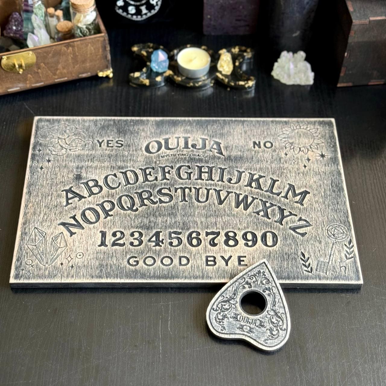 Wooden Ouija Board with Planchette: Magic Crystals Spirit Board