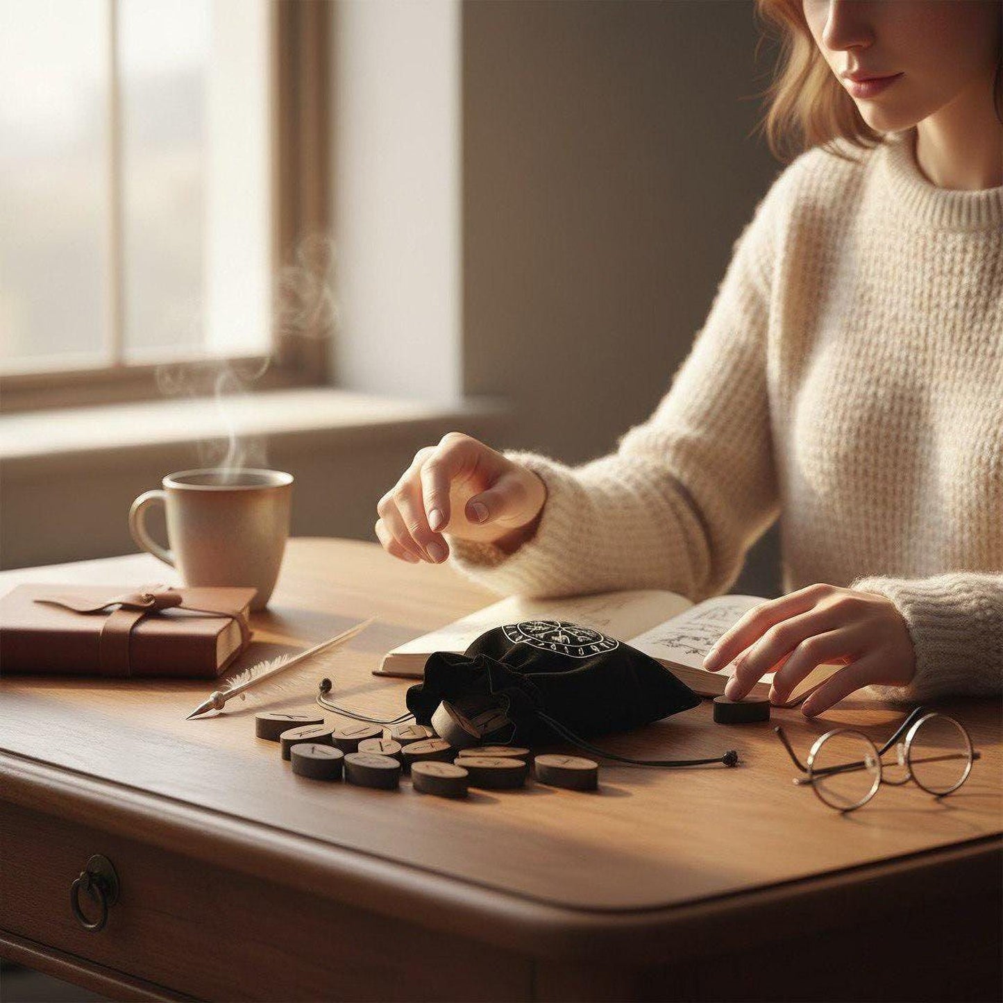 A person is sitting at a desk, working on a project or task, with a cup of coffee and a book nearby.