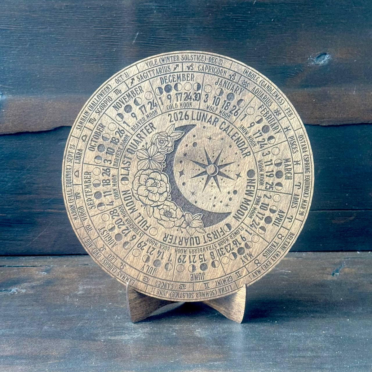 2026 Lunar Moon Phase Calendar – Floral Wood Moon Chart in Walnut Stain with Stand