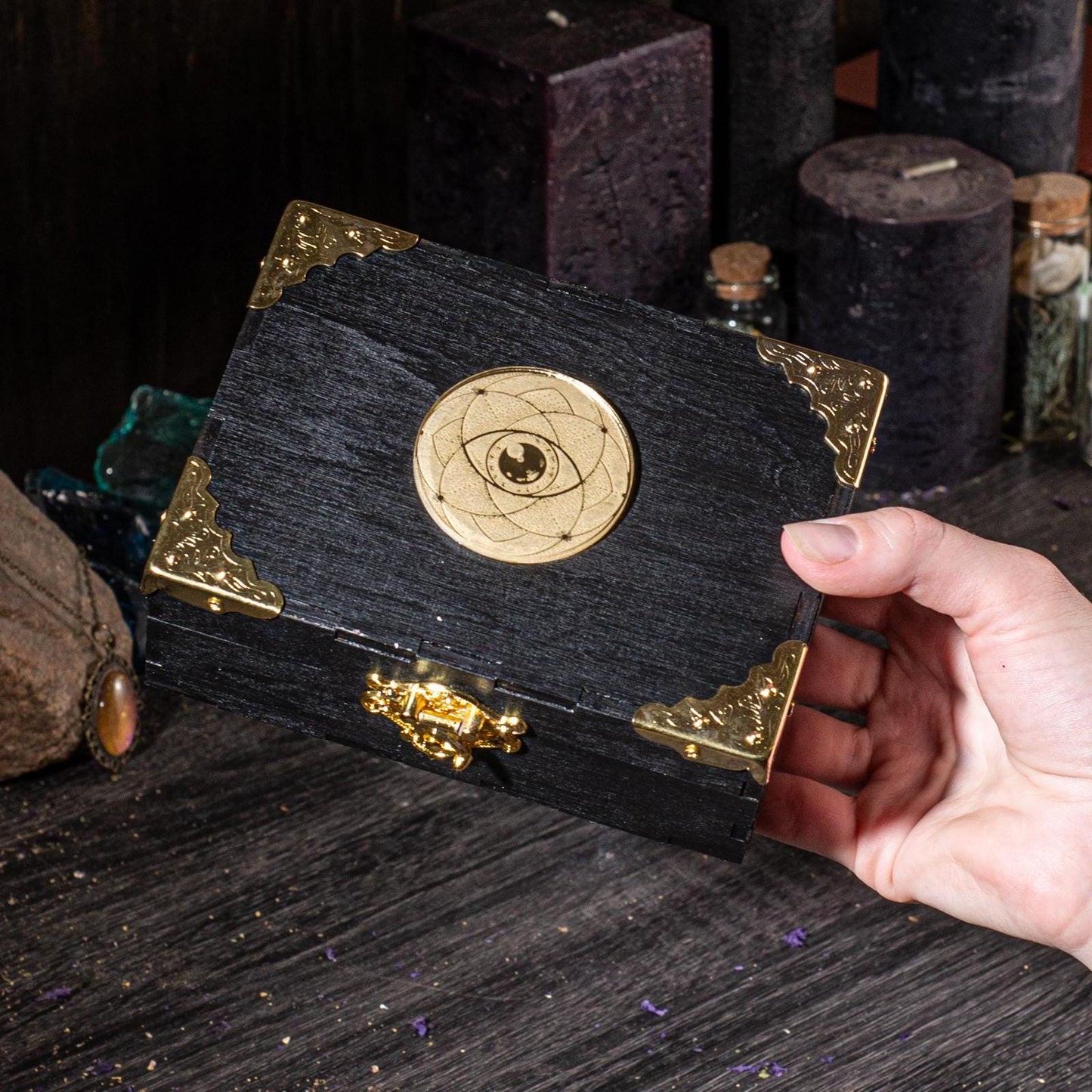 Tarot card  box, black box with golden eye, divination tools storage, witch gift
