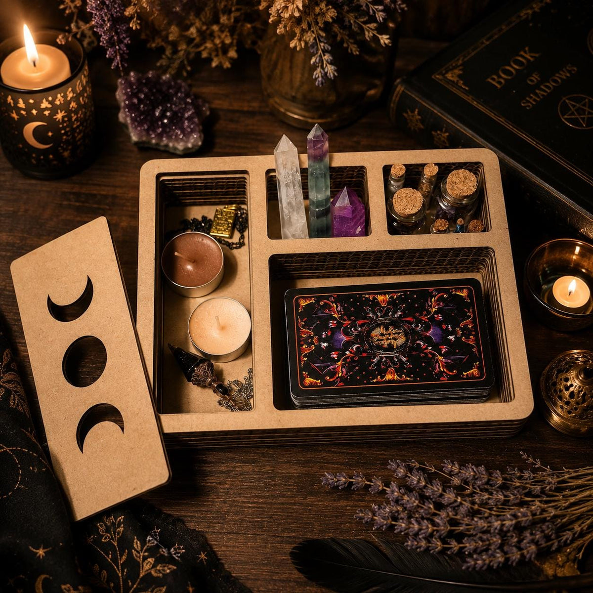 Moon Phase Tarot and Crystal Organizer, Divided Witchcraft Storage Box