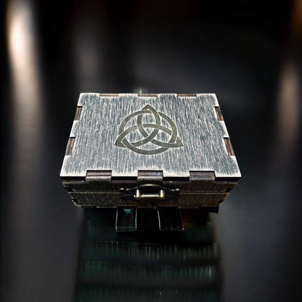 A wooden box with a carved design on its surface, sitting on a reflective surface against a dark background.