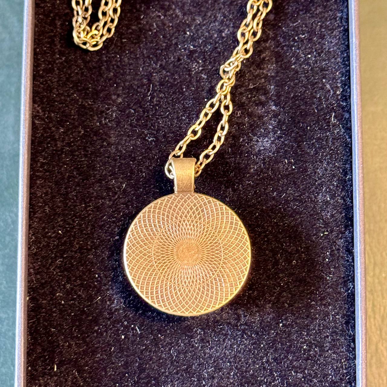 A gold-colored pendant necklace with a circular design on the front is displayed in a dark box.