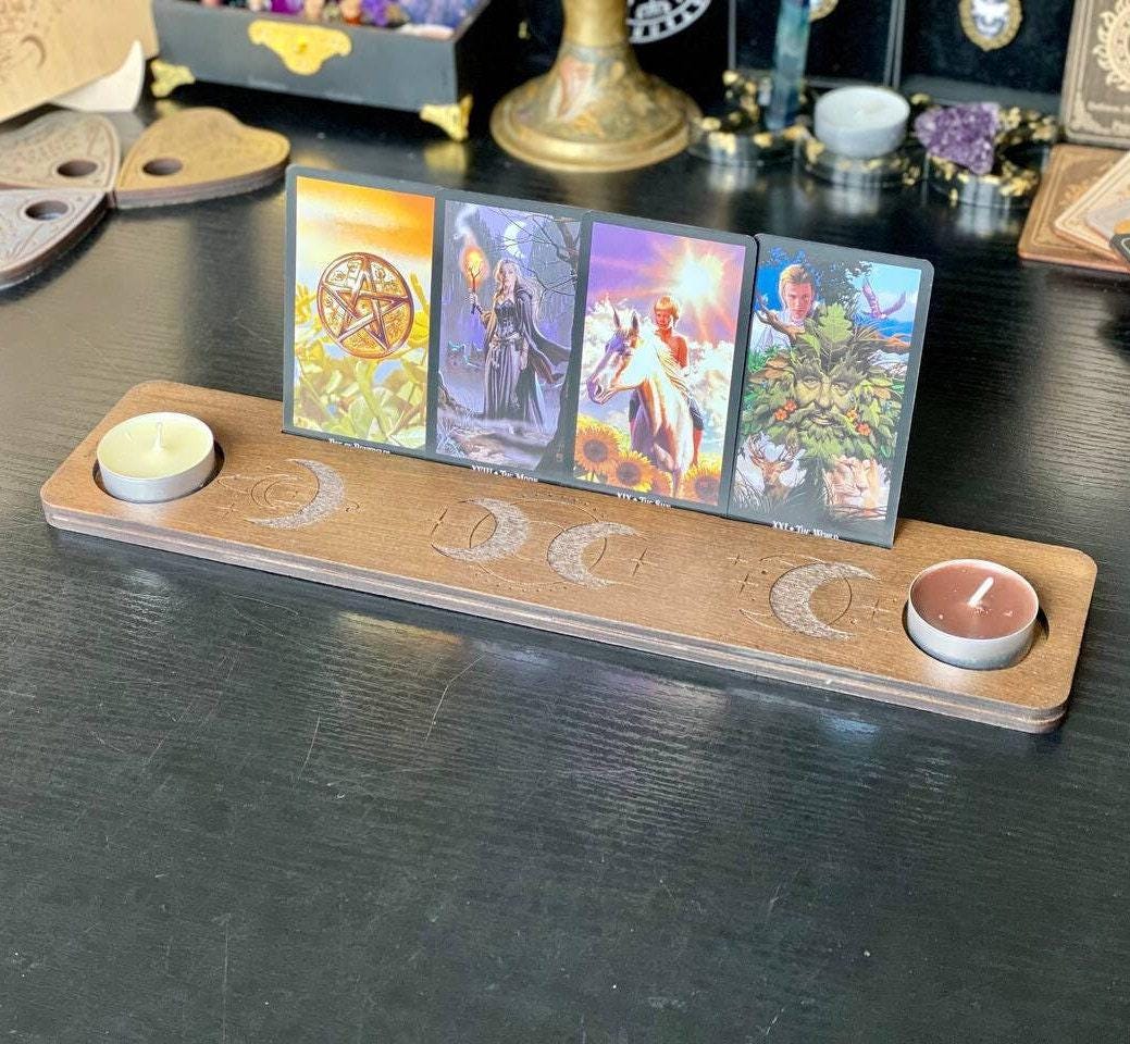 Personalized Moon Tarot Card Holder with Candle Stands, Wooden Altar Display