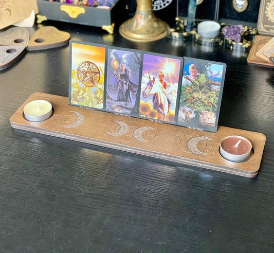 Personalized Moon Tarot Card Holder with Candle Stands, Wooden Altar Display