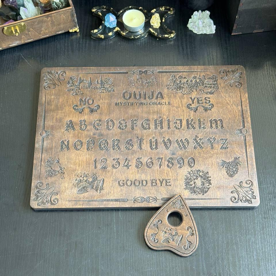 Wooden Ouija Board – Engraved Divination Tool with Mystical Planchette for Rituals