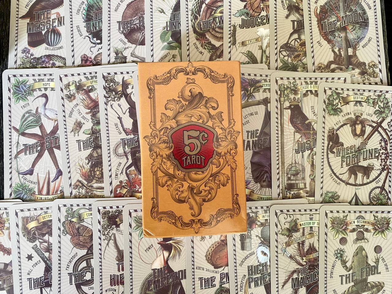 a collection of tarot cards spread out, with a 5 card prominently displayed in the center.