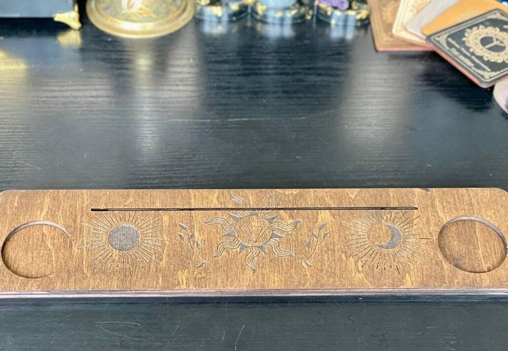 Sun and Moon Tarot Card Holder, Engraved Wooden Altar Stand