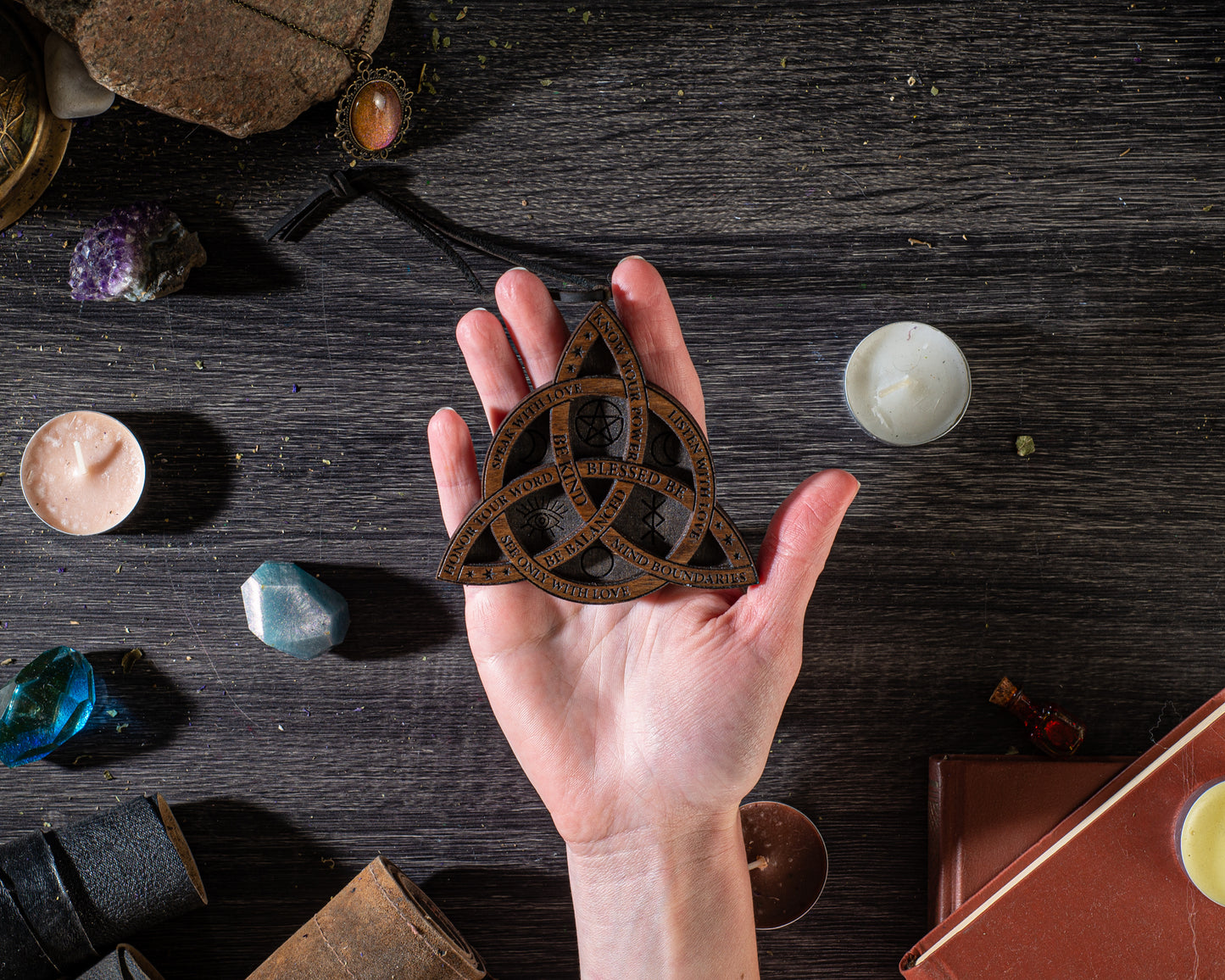 Triskelion wooden charm pagan spiritual decor