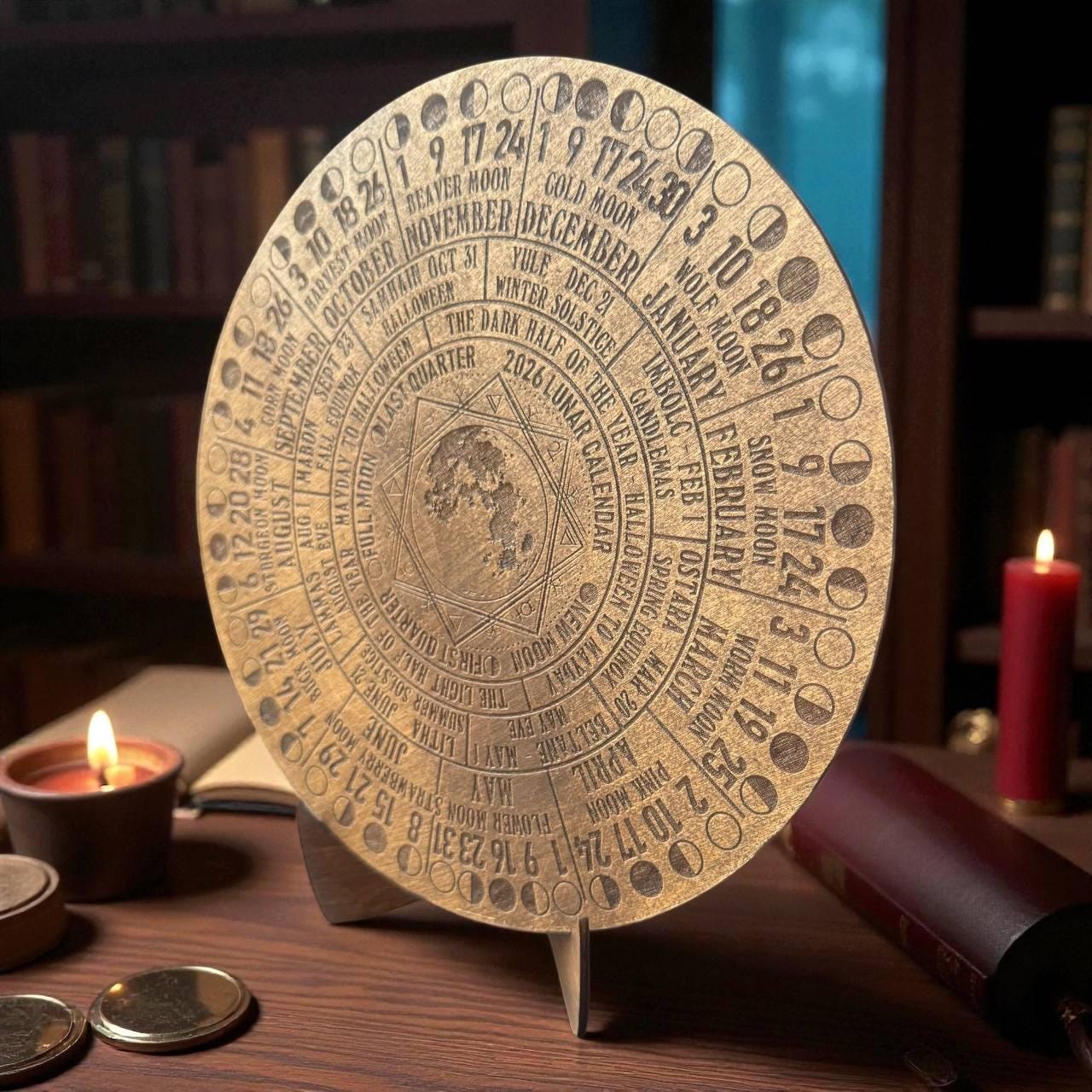 2026 Lunar Calendar Wood Moon Phase Wheel, Witch Altar Decor with Stand, Pagan Astrology Gift