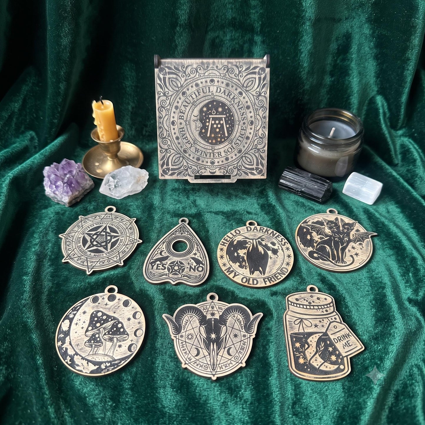Personalized Wicca Ornament Set, 7 Wooden Witch Symbols in Old Oak Gift Box