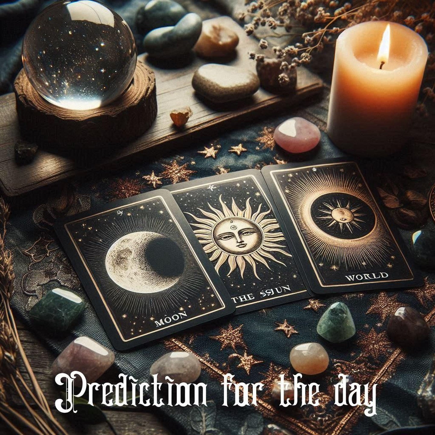 a tarot card spread with the "Prediction for the day" card, surrounded by various crystals, gemstones, and a lit candle.