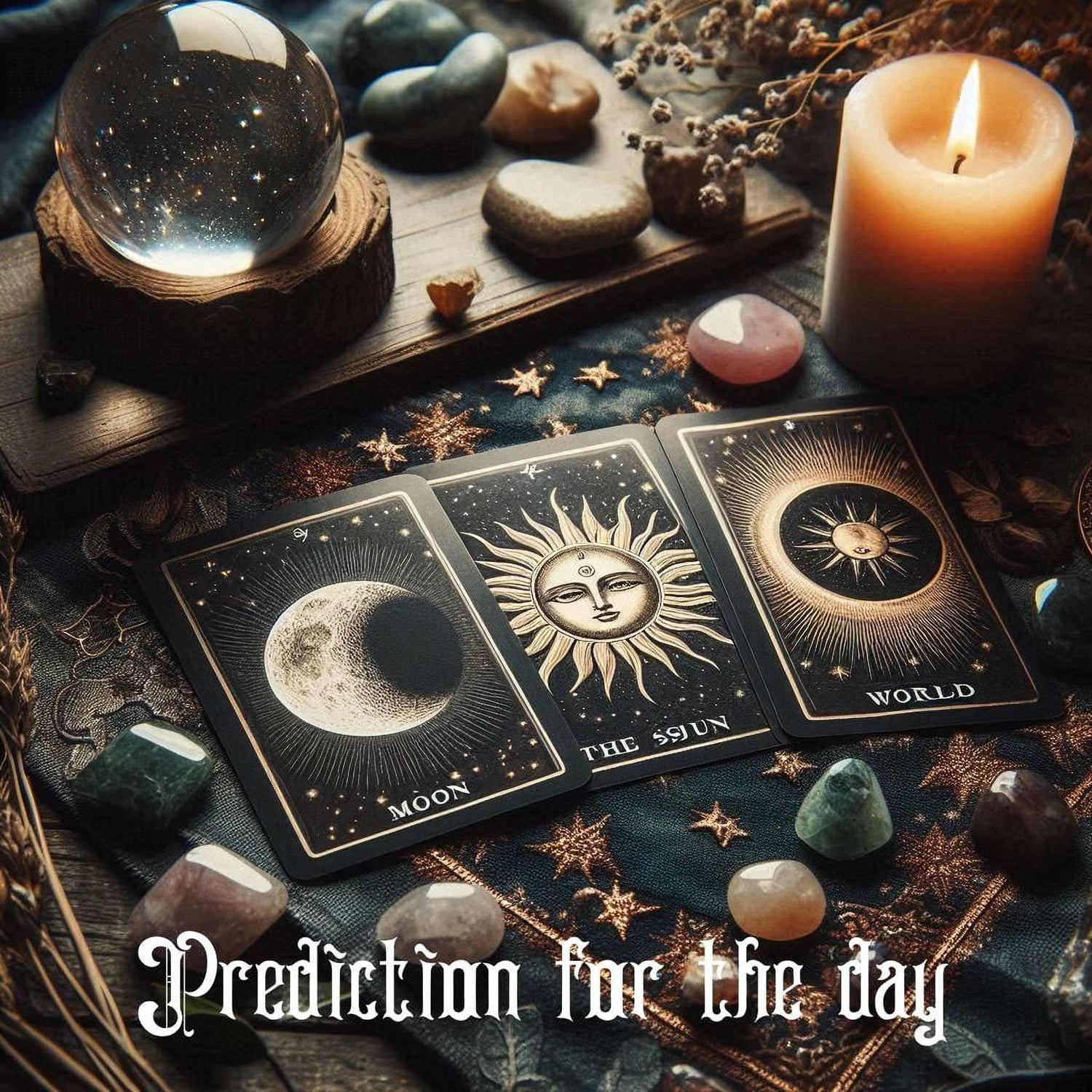 a tarot card spread with the "Prediction for the day" card, surrounded by various crystals, gemstones, and a lit candle.