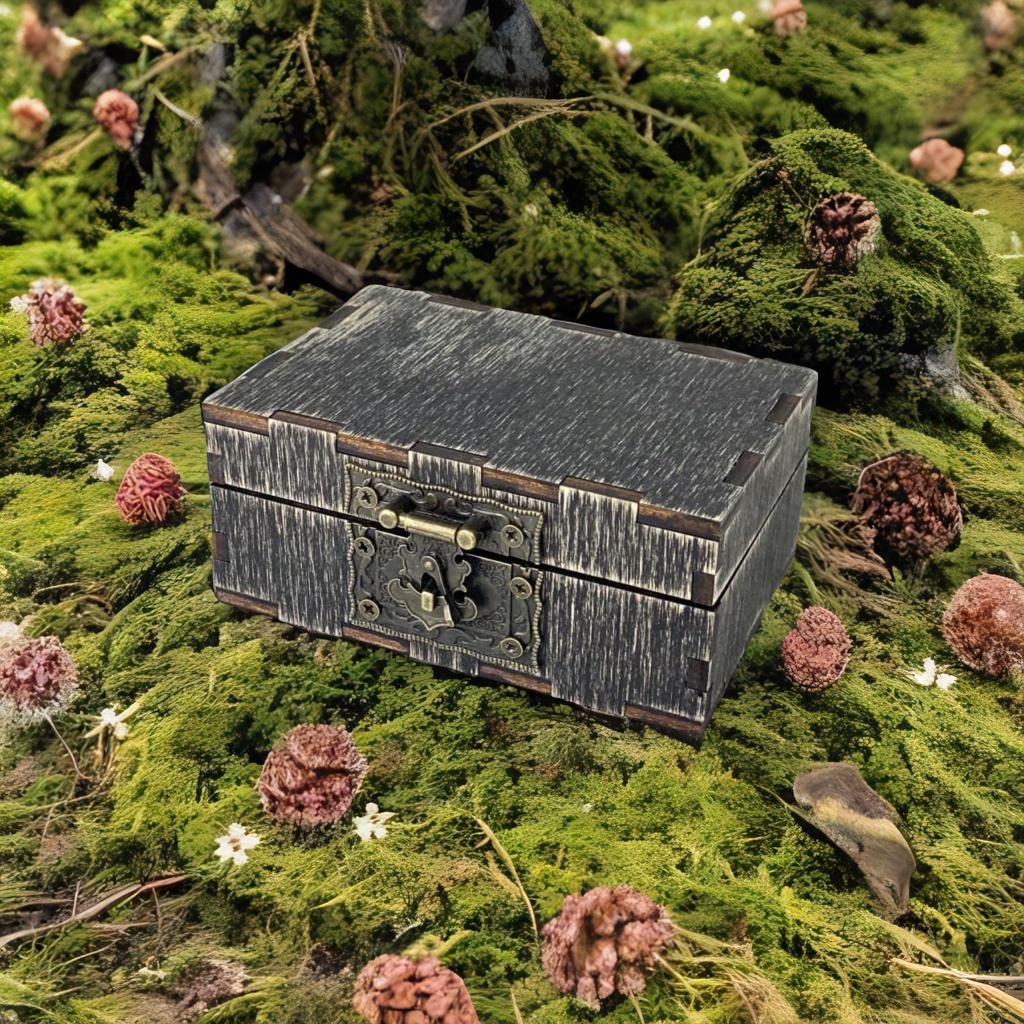 A wooden box with a metal clasp sits on a bed of green moss, surrounded by pine cones and other natural elements.