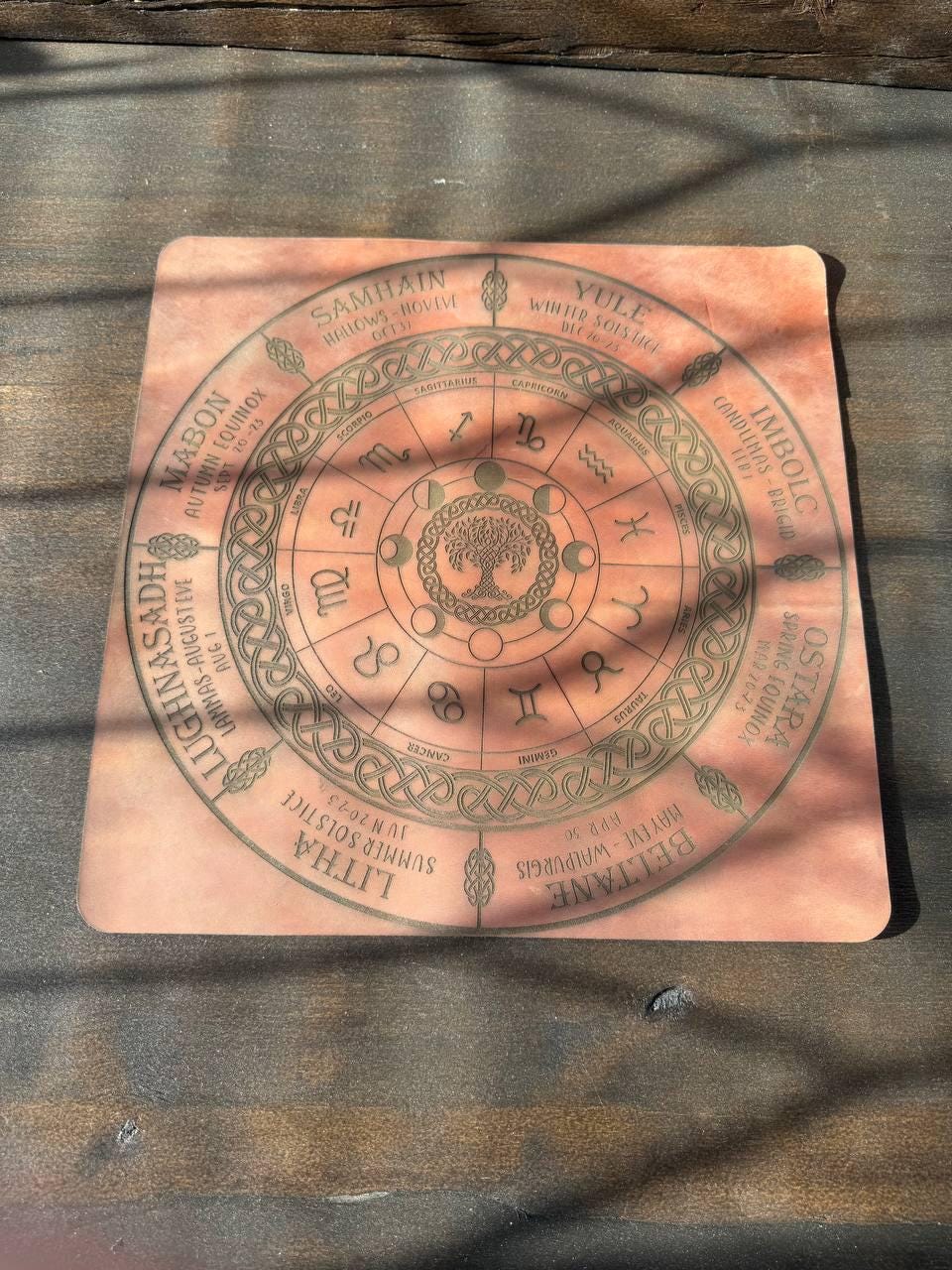 Engraved Leather Wiccan Calendar Mat, Zodiac Wheel Altar Planner in 3 Sizes