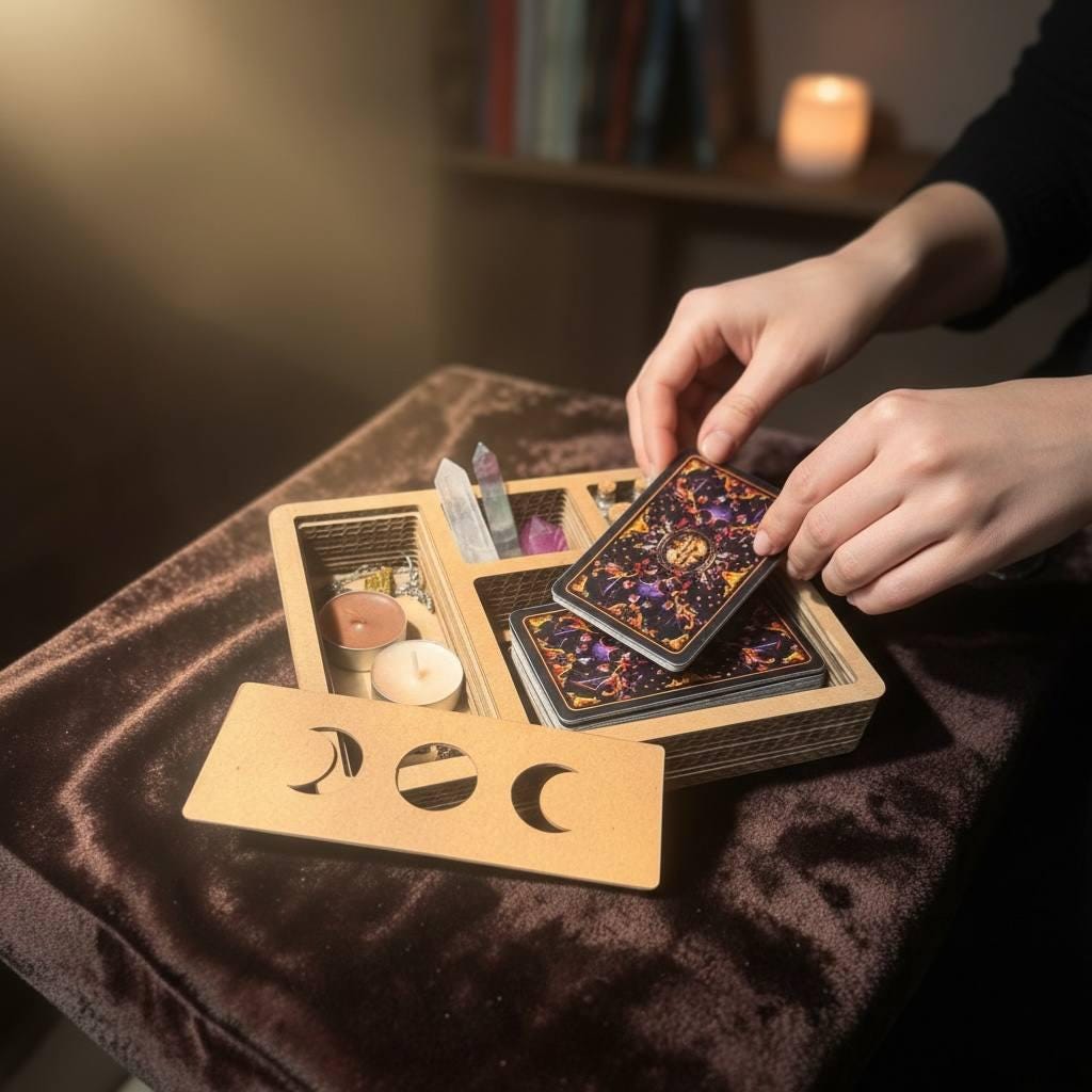 Moon Phase Tarot and Crystal Organizer, Divided Witchcraft Storage Box