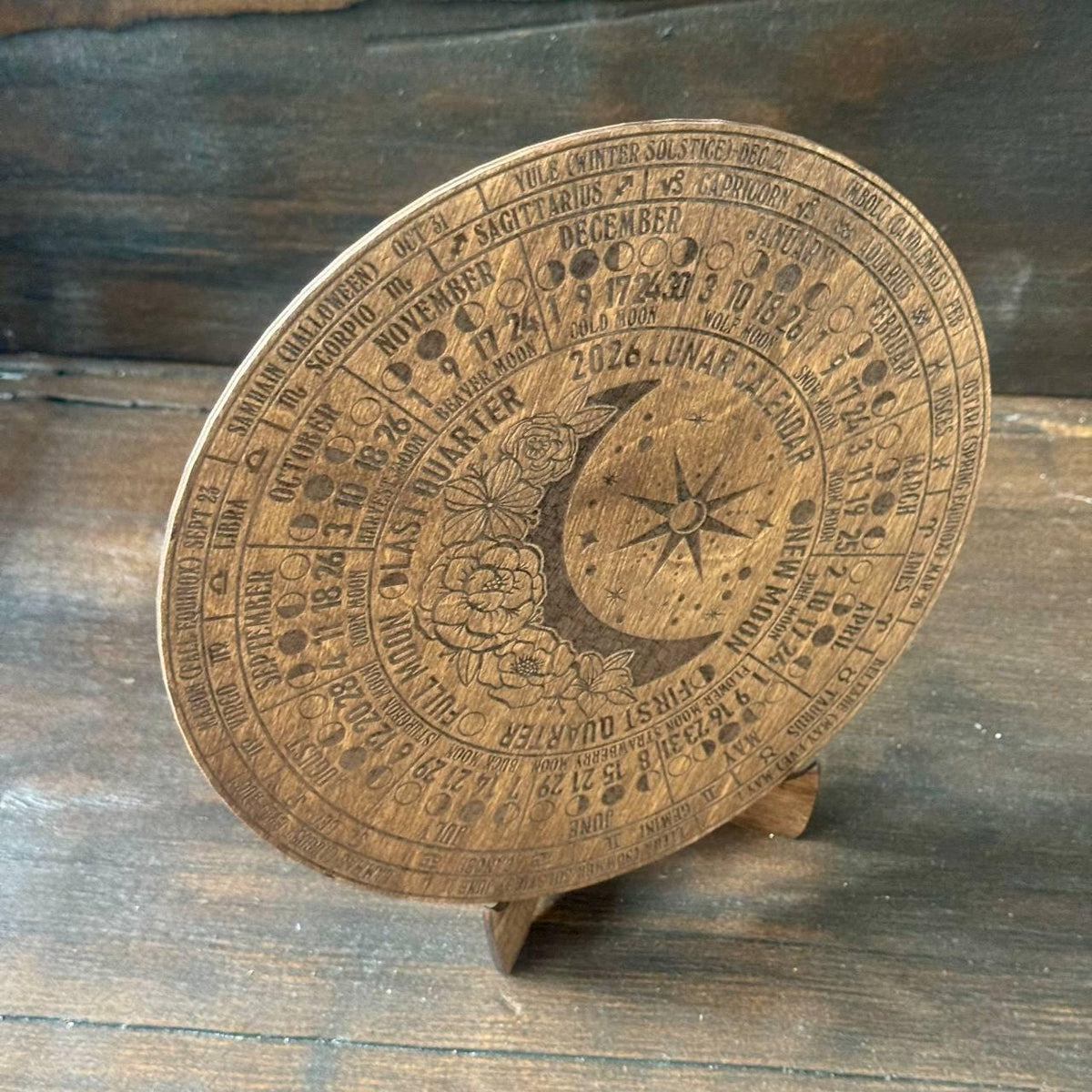 2026 Lunar Moon Phase Calendar – Floral Wood Moon Chart in Walnut Stain with Stand