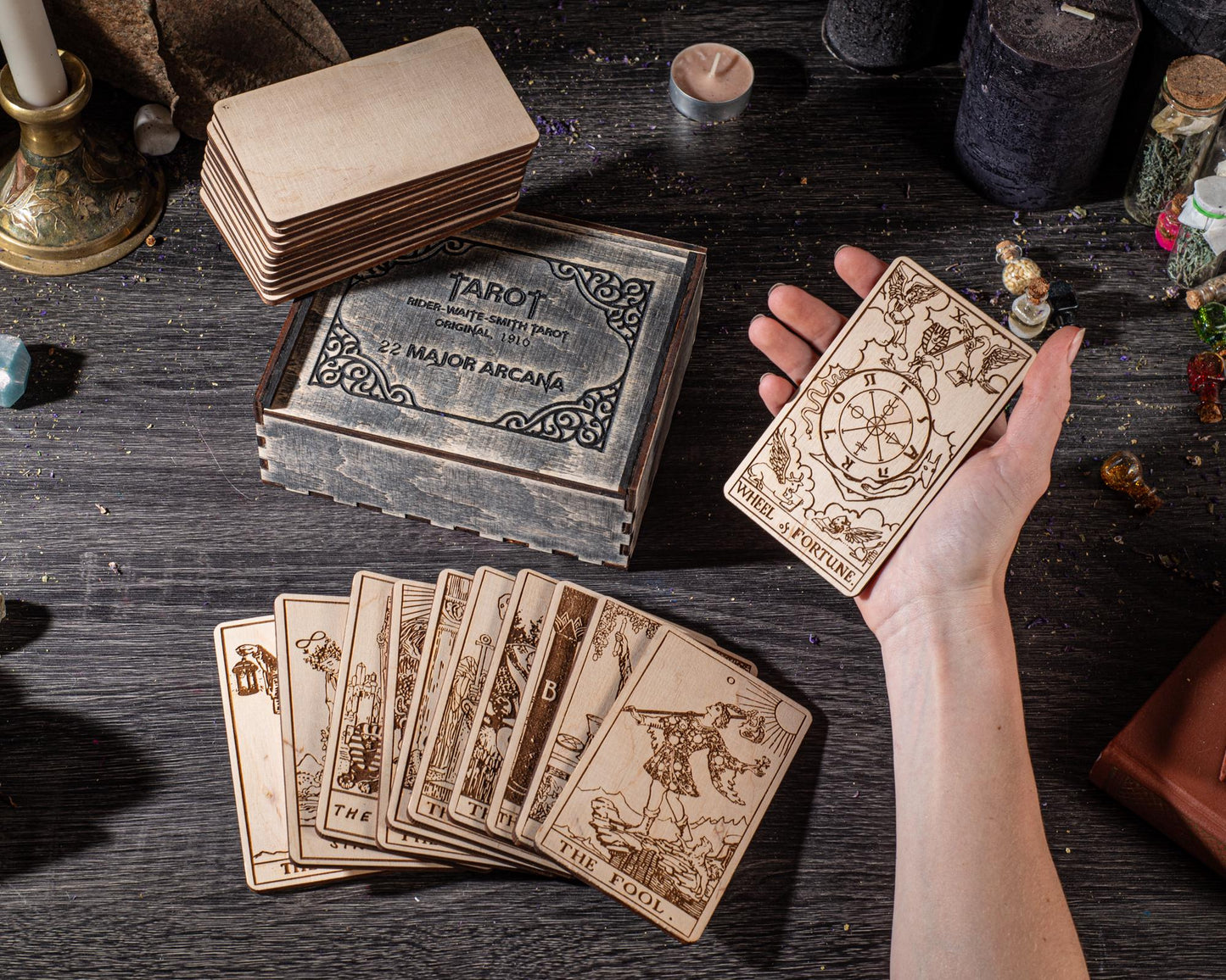 Wooden Tarot Cards 22 Major Arcana Rider Waite Natural Wood Engraved Deck with Box