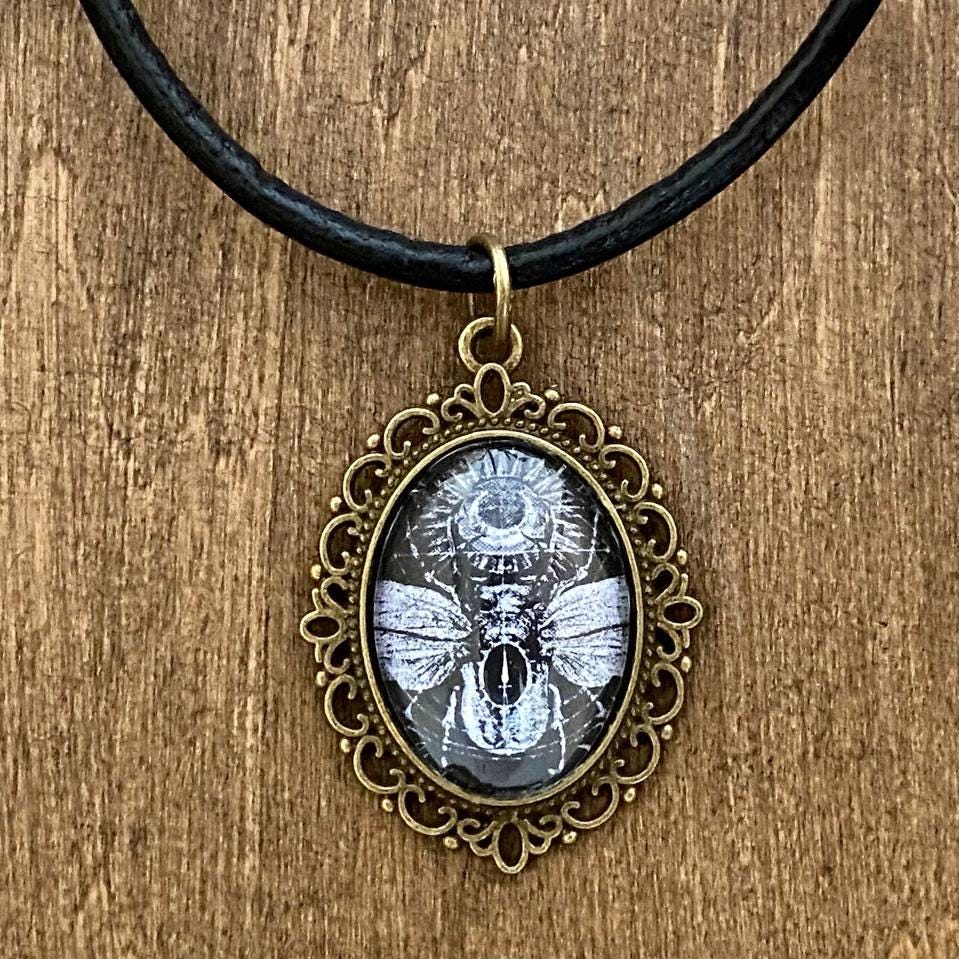 Scarab Beetle Necklace, Egyptian Pendant, Gothic Insect Jewelry, Oval Amulet