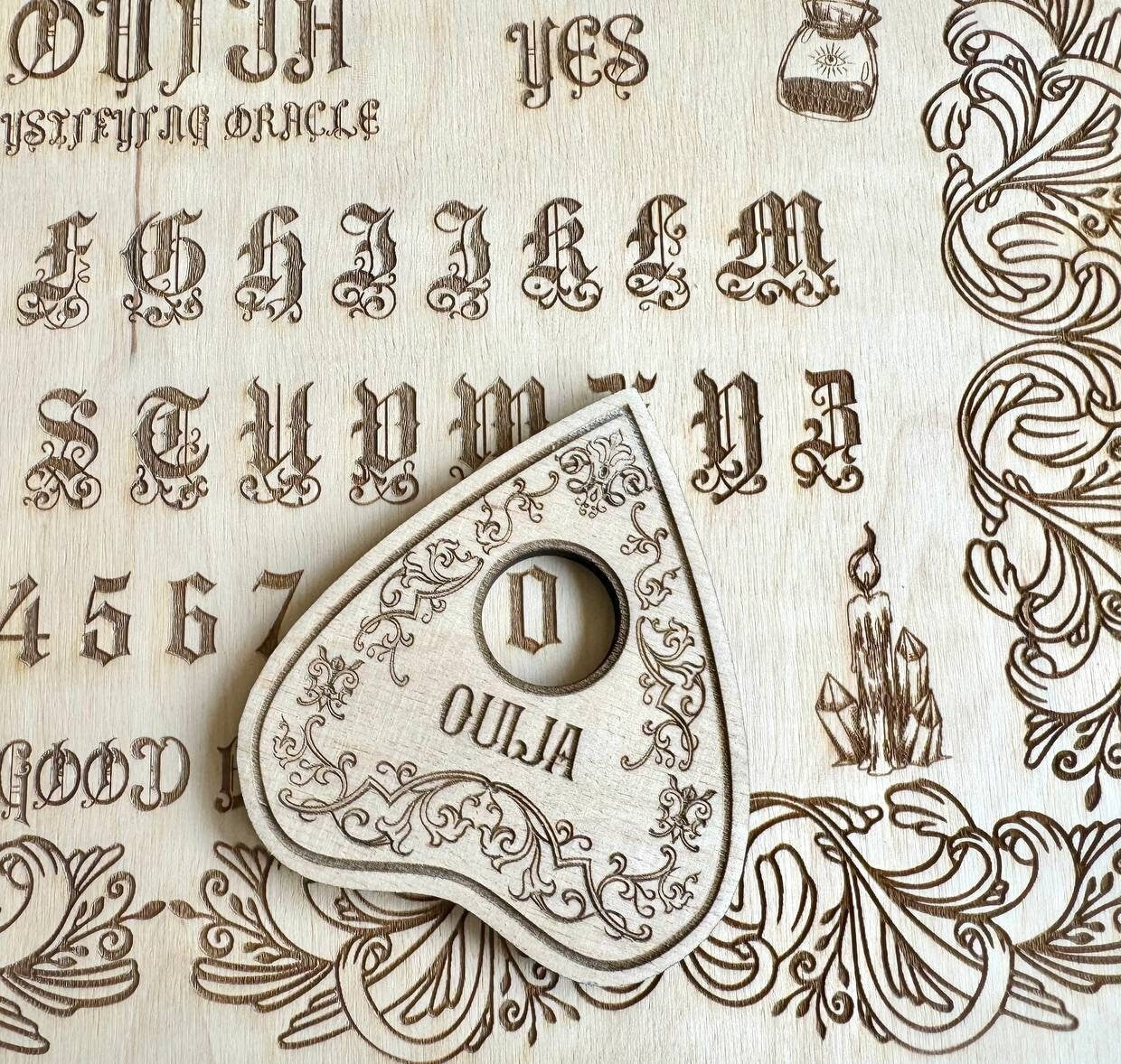 Wooden Ouija Board with Planchette, Engraved Spirit Board, Gothic Alphabet Talking Board